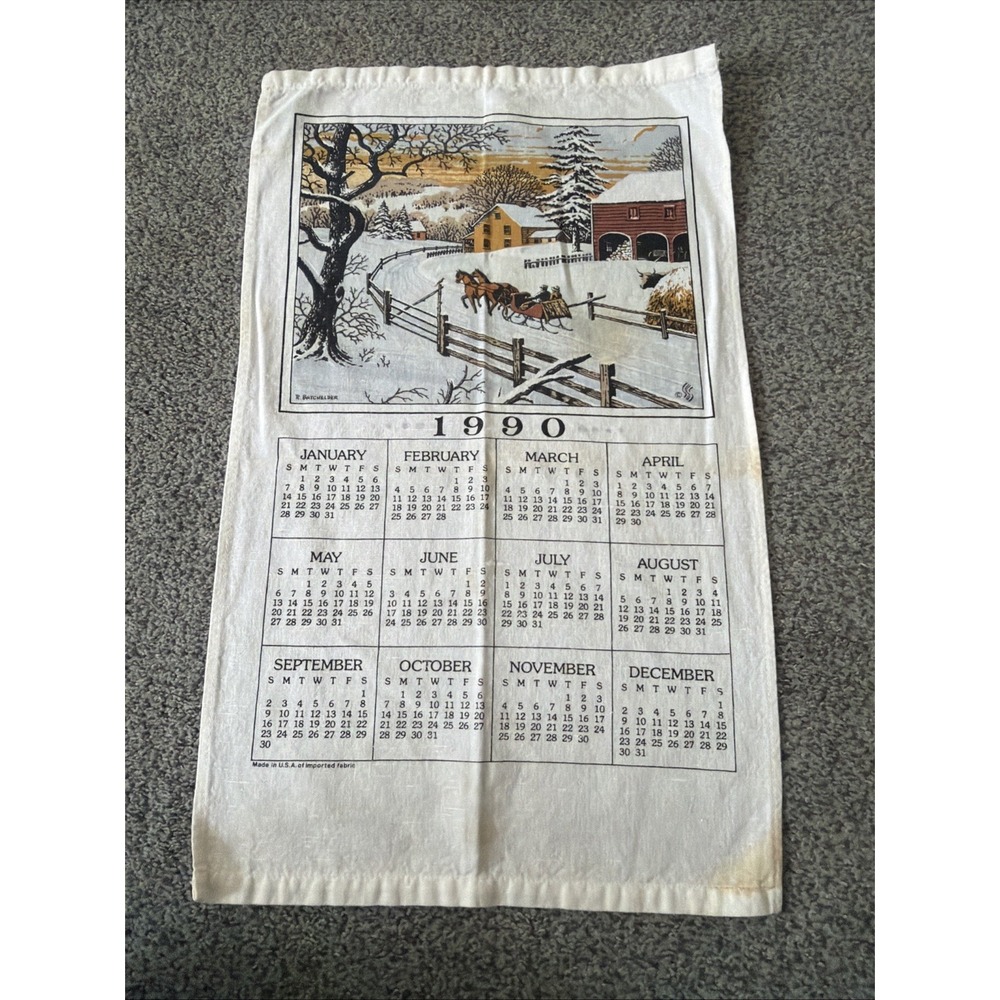 Vintage 1990 Cotton Calendar Kitchen Tea Towel Winter Scene Horse Drawn Sleigh